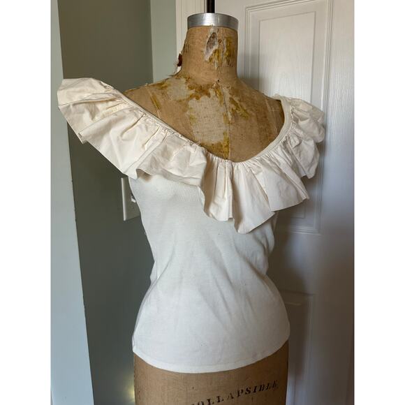 Maeve anthropologie Cream Ribbed Tank Top W/ Ruffle Neckline Sz S - Picture 1 of 15